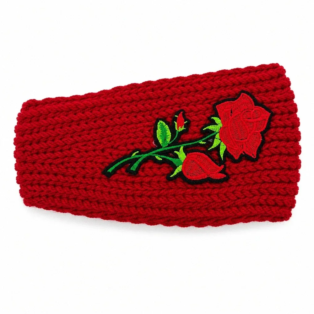 Red Cable Knit Rose Embroidered Headband Ear Warmer WT-510R NEW